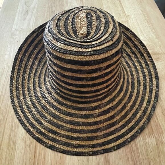 Filippo Catarzi Italy Wide Brim Straw Hat Black Tan Stripe 100% Straw Boho Chic - Picture 4 of 5